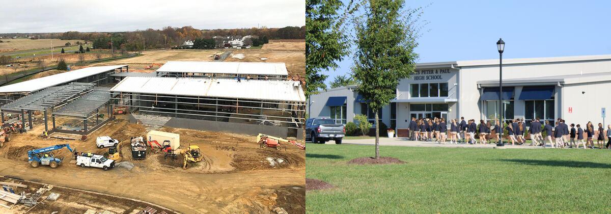 Saints Peter & Paul High School under construction beside the completed building with students outside